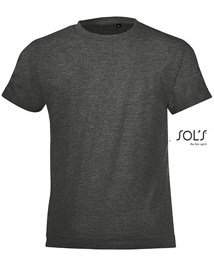Kids´ Round Collar T-Shirt Regent Fit zum Besticken und Bedrucken in der Farbe Charcoal Melange mit Ihren Logo, Schriftzug oder Motiv.