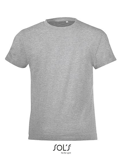 Kids´ Round Collar T-Shirt Regent Fit zum Besticken und Bedrucken in der Farbe Grey Melange mit Ihren Logo, Schriftzug oder Motiv.