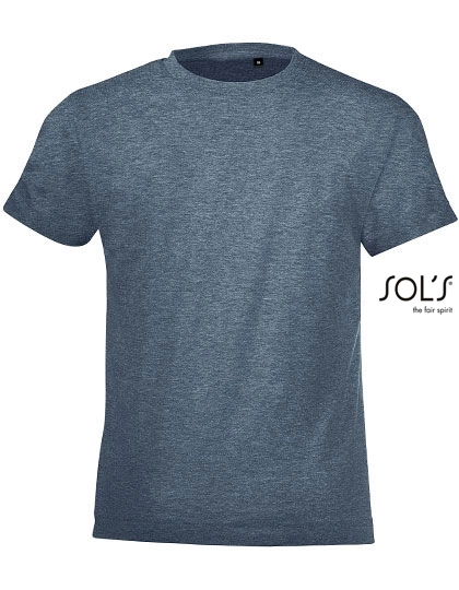 Kids´ Round Collar T-Shirt Regent Fit zum Besticken und Bedrucken in der Farbe Heather Denim mit Ihren Logo, Schriftzug oder Motiv.