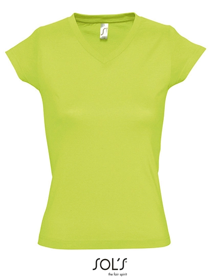 Women´s V-Neck-T-Shirt Moon zum Besticken und Bedrucken in der Farbe Apple Green mit Ihren Logo, Schriftzug oder Motiv.