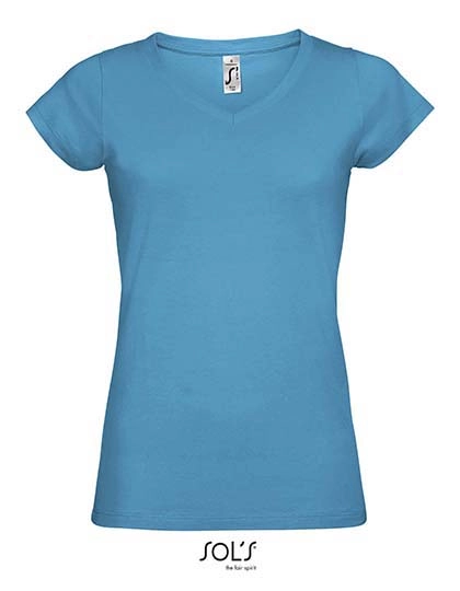 Women´s V-Neck-T-Shirt Moon zum Besticken und Bedrucken in der Farbe Aqua mit Ihren Logo, Schriftzug oder Motiv.