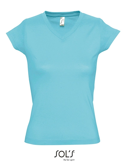 Women´s V-Neck-T-Shirt Moon zum Besticken und Bedrucken in der Farbe Atoll Blue mit Ihren Logo, Schriftzug oder Motiv.