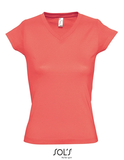Women´s V-Neck-T-Shirt Moon zum Besticken und Bedrucken in der Farbe Coral mit Ihren Logo, Schriftzug oder Motiv.