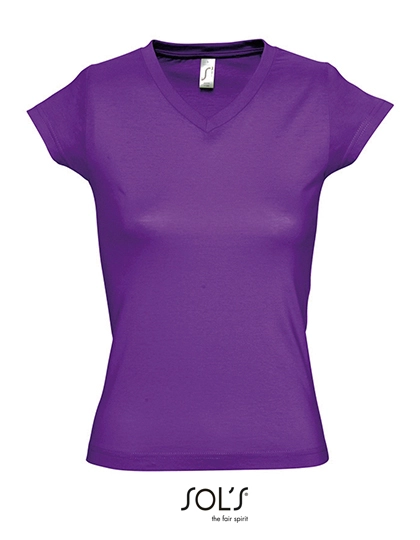 Women´s V-Neck-T-Shirt Moon zum Besticken und Bedrucken in der Farbe Dark Purple mit Ihren Logo, Schriftzug oder Motiv.