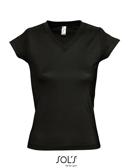 Women´s V-Neck-T-Shirt Moon zum Besticken und Bedrucken in der Farbe Deep Black mit Ihren Logo, Schriftzug oder Motiv.