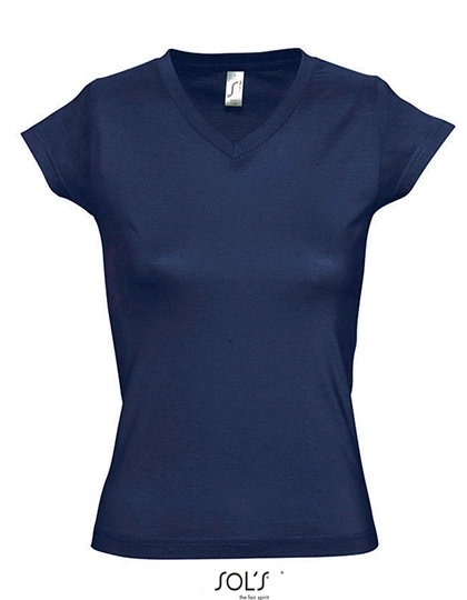 Women´s V-Neck-T-Shirt Moon zum Besticken und Bedrucken in der Farbe French Navy mit Ihren Logo, Schriftzug oder Motiv.