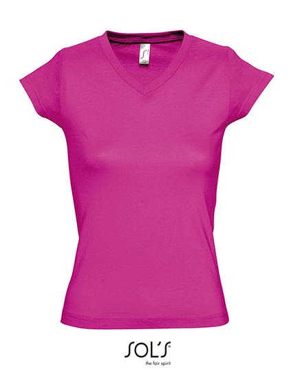 Women´s V-Neck-T-Shirt Moon zum Besticken und Bedrucken in der Farbe Fuchsia mit Ihren Logo, Schriftzug oder Motiv.