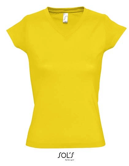 Women´s V-Neck-T-Shirt Moon zum Besticken und Bedrucken in der Farbe Gold mit Ihren Logo, Schriftzug oder Motiv.