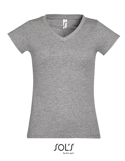 Women´s V-Neck-T-Shirt Moon zum Besticken und Bedrucken in der Farbe Grey Melange mit Ihren Logo, Schriftzug oder Motiv.
