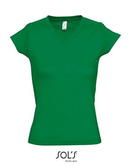 Women´s V-Neck-T-Shirt Moon zum Besticken und Bedrucken in der Farbe Kelly Green mit Ihren Logo, Schriftzug oder Motiv.