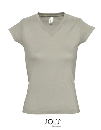 Women´s V-Neck-T-Shirt Moon zum Besticken und Bedrucken in der Farbe Khaki mit Ihren Logo, Schriftzug oder Motiv.