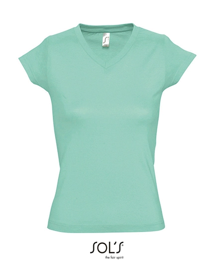 Women´s V-Neck-T-Shirt Moon zum Besticken und Bedrucken in der Farbe Mint mit Ihren Logo, Schriftzug oder Motiv.