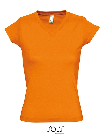 Women´s V-Neck-T-Shirt Moon zum Besticken und Bedrucken in der Farbe Orange mit Ihren Logo, Schriftzug oder Motiv.