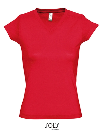 Women´s V-Neck-T-Shirt Moon zum Besticken und Bedrucken in der Farbe Red mit Ihren Logo, Schriftzug oder Motiv.