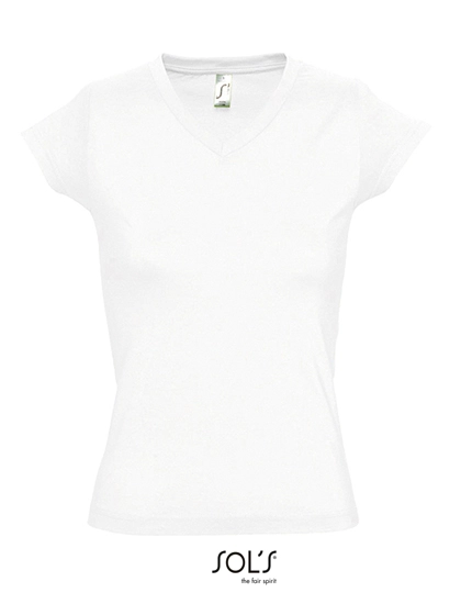 Women´s V-Neck-T-Shirt Moon zum Besticken und Bedrucken in der Farbe White mit Ihren Logo, Schriftzug oder Motiv.
