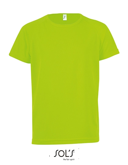 Kids´ Raglan Sleeved T-Shirt Sporty zum Besticken und Bedrucken in der Farbe Neon Green mit Ihren Logo, Schriftzug oder Motiv.