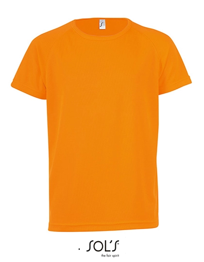 Kids´ Raglan Sleeved T-Shirt Sporty zum Besticken und Bedrucken in der Farbe Neon Orange mit Ihren Logo, Schriftzug oder Motiv.