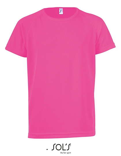 Kids´ Raglan Sleeved T-Shirt Sporty zum Besticken und Bedrucken in der Farbe Neon Pink mit Ihren Logo, Schriftzug oder Motiv.