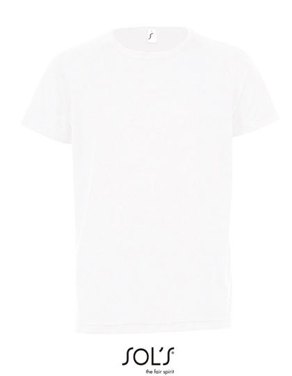 Kids´ Raglan Sleeved T-Shirt Sporty zum Besticken und Bedrucken in der Farbe White mit Ihren Logo, Schriftzug oder Motiv.