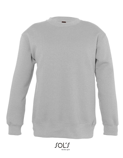 Kids´ Sweatshirt New Supreme zum Besticken und Bedrucken in der Farbe Grey Melange mit Ihren Logo, Schriftzug oder Motiv.