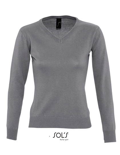 Women´s V-Neck Sweater Galaxy zum Besticken und Bedrucken in der Farbe Medium Grey (Solid) mit Ihren Logo, Schriftzug oder Motiv.