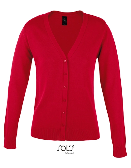 Women´s Golden V-Neck Knitted Cardigan zum Besticken und Bedrucken in der Farbe Red mit Ihren Logo, Schriftzug oder Motiv.