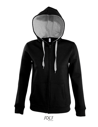Women´s Contrast Hooded Zip Jacket Soul zum Besticken und Bedrucken in der Farbe Black-Grey Melange mit Ihren Logo, Schriftzug oder Motiv.