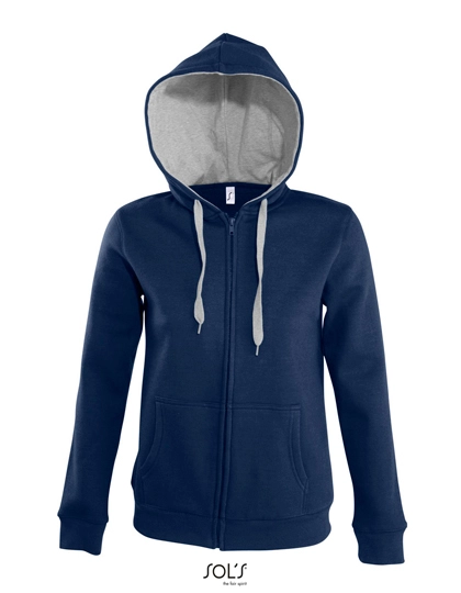 Women´s Contrast Hooded Zip Jacket Soul zum Besticken und Bedrucken in der Farbe French Navy-Grey Melange mit Ihren Logo, Schriftzug oder Motiv.