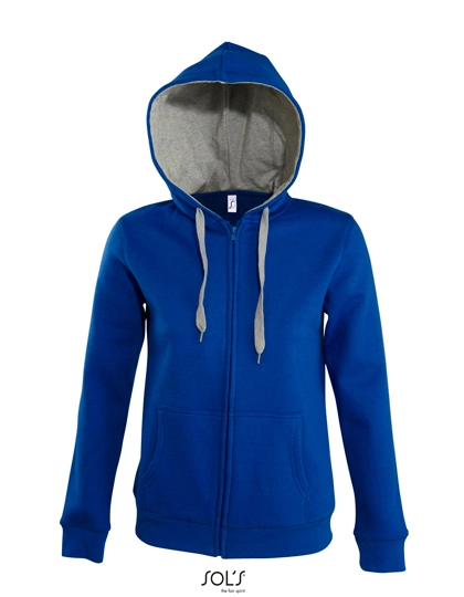 Women´s Contrast Hooded Zip Jacket Soul zum Besticken und Bedrucken in der Farbe Royal Blue-Grey Melange mit Ihren Logo, Schriftzug oder Motiv.