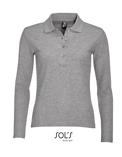 Women´s Long Sleeve Polo Podium zum Besticken und Bedrucken in der Farbe Grey Melange mit Ihren Logo, Schriftzug oder Motiv.