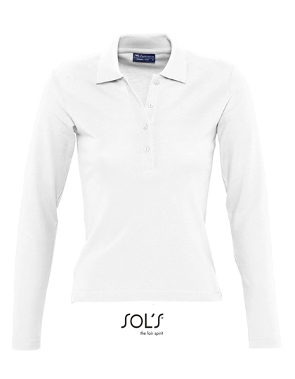 Women´s Long Sleeve Polo Podium zum Besticken und Bedrucken in der Farbe White mit Ihren Logo, Schriftzug oder Motiv.