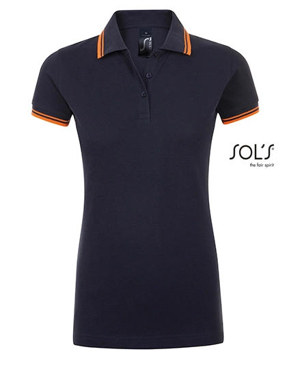 Women´s Polo Shirt Pasadena zum Besticken und Bedrucken in der Farbe French Navy-Neon Orange mit Ihren Logo, Schriftzug oder Motiv.