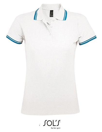 Women´s Polo Shirt Pasadena zum Besticken und Bedrucken in der Farbe White-Aqua mit Ihren Logo, Schriftzug oder Motiv.