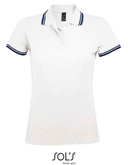 Women´s Polo Shirt Pasadena zum Besticken und Bedrucken in der Farbe White-Navy mit Ihren Logo, Schriftzug oder Motiv.