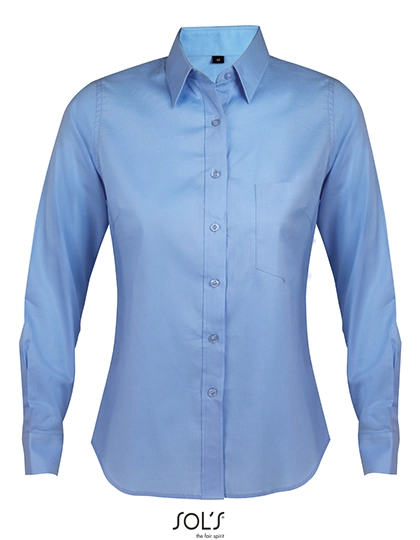 Women´s Long Sleeve Shirt Business zum Besticken und Bedrucken in der Farbe Bright Sky mit Ihren Logo, Schriftzug oder Motiv.