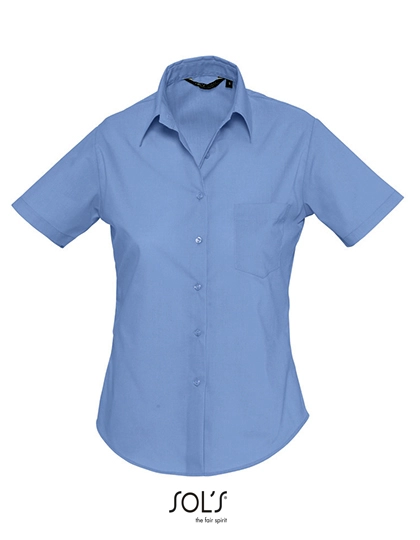 Popeline-Blouse Escape Short Sleeve zum Besticken und Bedrucken in der Farbe Middle Blue mit Ihren Logo, Schriftzug oder Motiv.