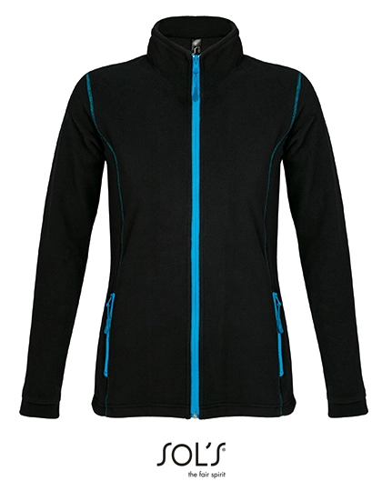 Women´s Micro Fleece Zipped Jacket Nova zum Besticken und Bedrucken in der Farbe Black-Aqua mit Ihren Logo, Schriftzug oder Motiv.