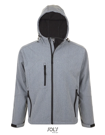 Men´s Hooded Softshell Jacket Replay zum Besticken und Bedrucken in der Farbe Grey Melange mit Ihren Logo, Schriftzug oder Motiv.