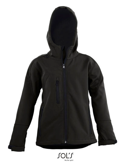 Kids´ Hooded Softshell Jacket Replay zum Besticken und Bedrucken in der Farbe Black mit Ihren Logo, Schriftzug oder Motiv.