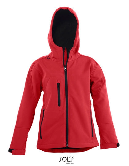 Kids´ Hooded Softshell Jacket Replay zum Besticken und Bedrucken in der Farbe Pepper Red mit Ihren Logo, Schriftzug oder Motiv.