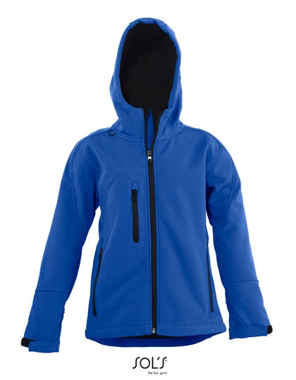 Kids´ Hooded Softshell Jacket Replay zum Besticken und Bedrucken in der Farbe Royal Blue mit Ihren Logo, Schriftzug oder Motiv.