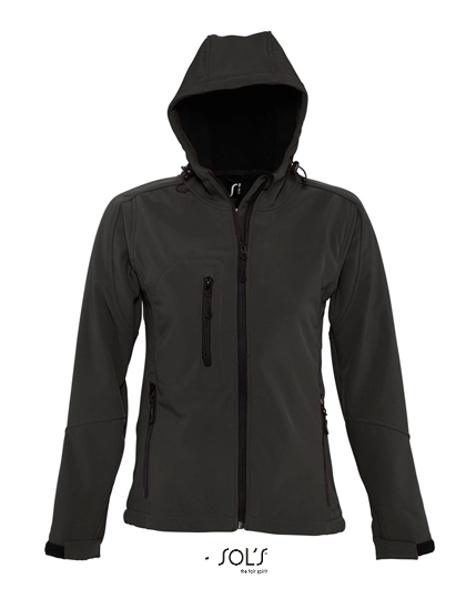 Women´s Hooded Softshell Jacket Replay zum Besticken und Bedrucken in der Farbe Black mit Ihren Logo, Schriftzug oder Motiv.