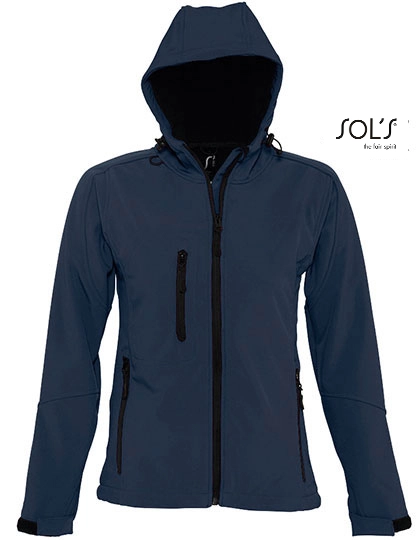 Women´s Hooded Softshell Jacket Replay zum Besticken und Bedrucken in der Farbe French Navy mit Ihren Logo, Schriftzug oder Motiv.