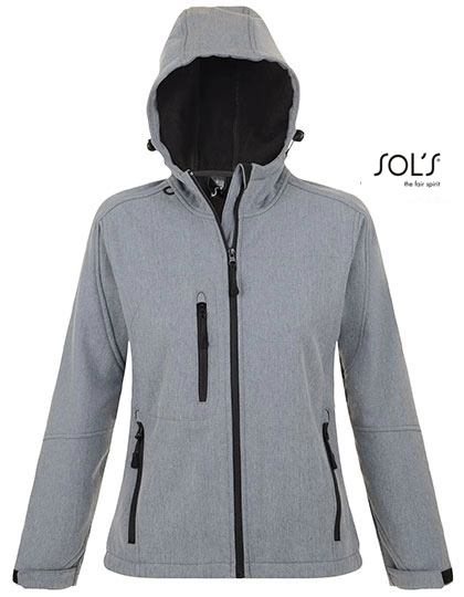 Women´s Hooded Softshell Jacket Replay zum Besticken und Bedrucken in der Farbe Grey Melange mit Ihren Logo, Schriftzug oder Motiv.