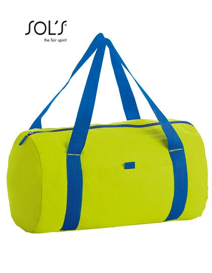 Barrel Bag Tribeca zum Besticken und Bedrucken in der Farbe Neon Lime-Royal Blue mit Ihren Logo, Schriftzug oder Motiv.
