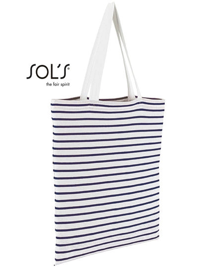 Striped Jersey Shopping Bag Luna zum Besticken und Bedrucken in der Farbe White-Navy mit Ihren Logo, Schriftzug oder Motiv.