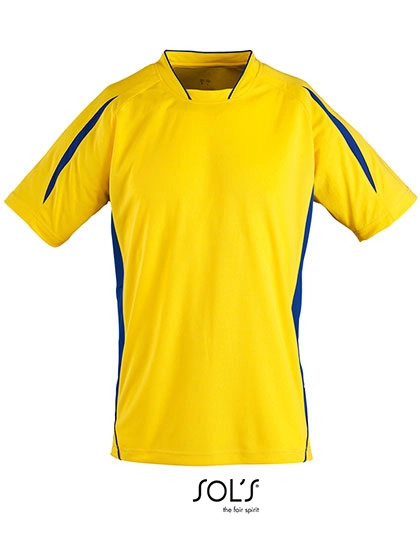 Kids´ Short Sleeve Shirt Maracana 2 zum Besticken und Bedrucken in der Farbe Lemon-Royal Blue mit Ihren Logo, Schriftzug oder Motiv.