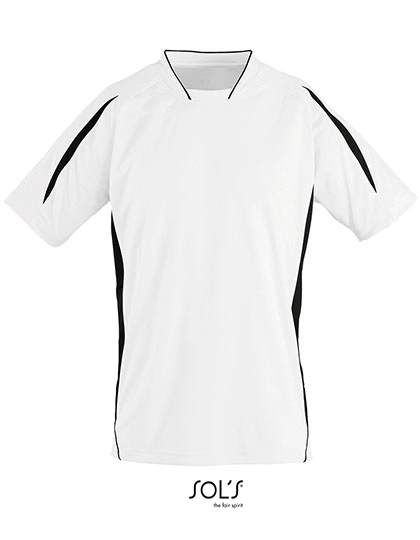 Kids´ Short Sleeve Shirt Maracana 2 zum Besticken und Bedrucken in der Farbe White-Black mit Ihren Logo, Schriftzug oder Motiv.