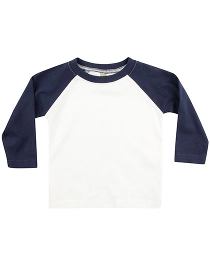 Long Sleeved Baseball T-Shirt zum Besticken und Bedrucken in der Farbe White-Navy mit Ihren Logo, Schriftzug oder Motiv.