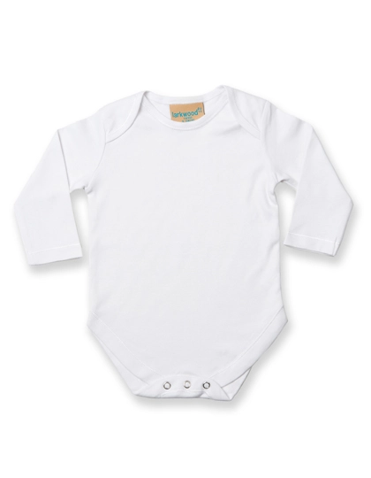 Long Sleeved Baby Bodysuit zum Besticken und Bedrucken in der Farbe White mit Ihren Logo, Schriftzug oder Motiv.